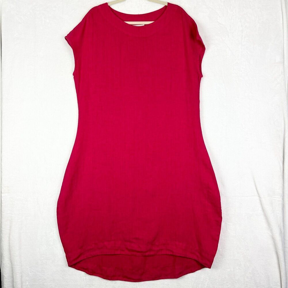 Bryn Walker Linen Bubble Midi Dress Size Small Fuschia Pink Cap Sleeve Cocoon